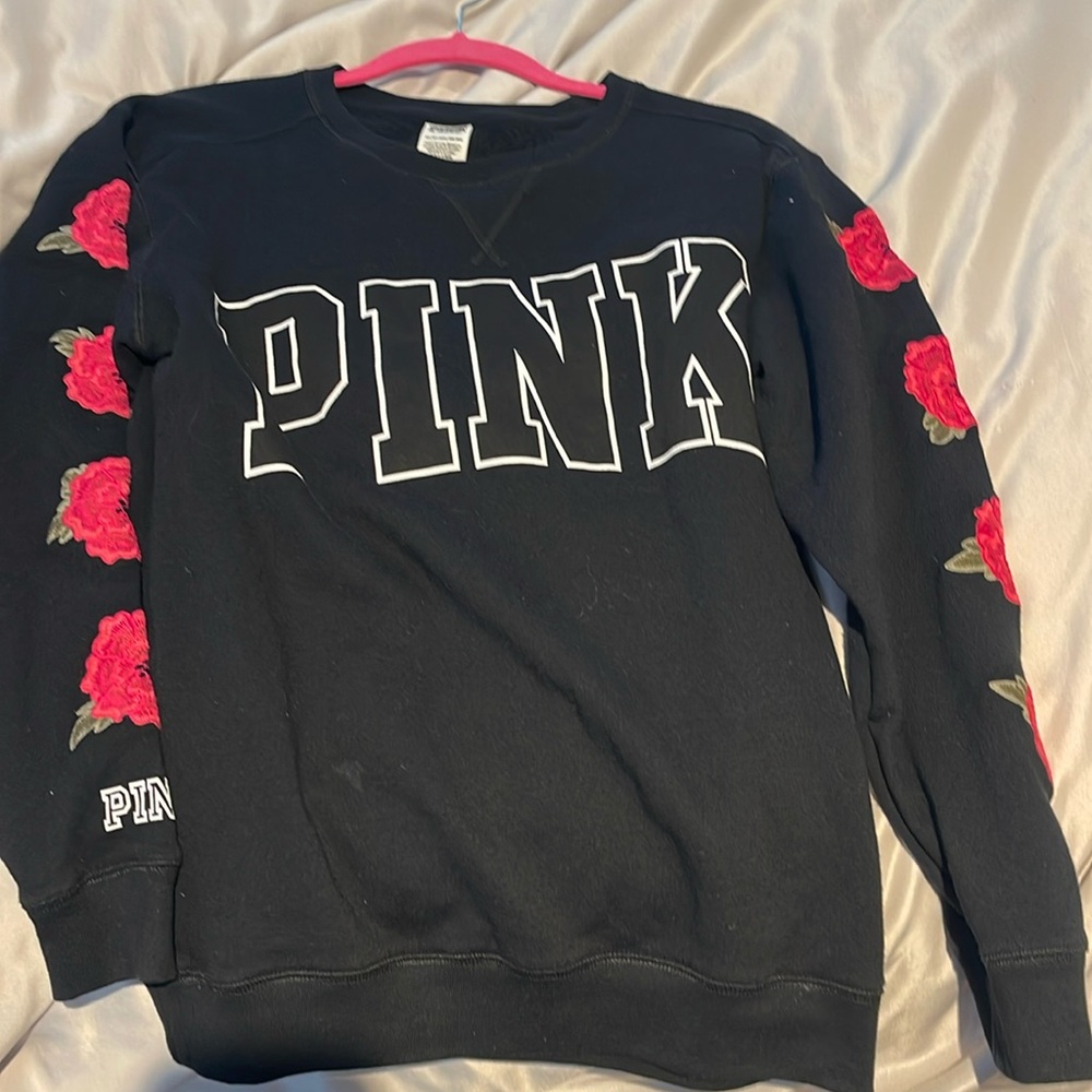 PINK Victoria's Secret  EMBROIDERED Black Rose Sweatshirt S Pullover